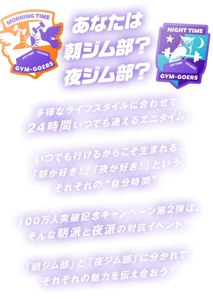 あなたは朝ジム部？夜ジム部？ 多様なライフスタイルに合わせて24時間いつでも通えるエニタイム。いつでも行けるからこそ生まれる、「朝が好き！」「夜が好き！」というそれぞれの“自分時間”。100万人突破記念キャンペーン第2弾は、そんな朝派と夜派の対抗イベント！「朝ジム部」と「夜ジム部」に分かれてそれぞれの魅力を伝え合おう！