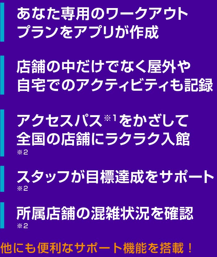 あなた専用のワークアウトプランをアプリが作成 / 店舗の中だけでなく屋外や自宅でのアクティビティも記録 / アクセスパス※1をかざして
全国の店舗にラクラク入館※2 / スタッフが目標達成をサポート※2 / 所属店舗の混雑状況を確認※2 / 他にも便利なサポート機能を搭載!