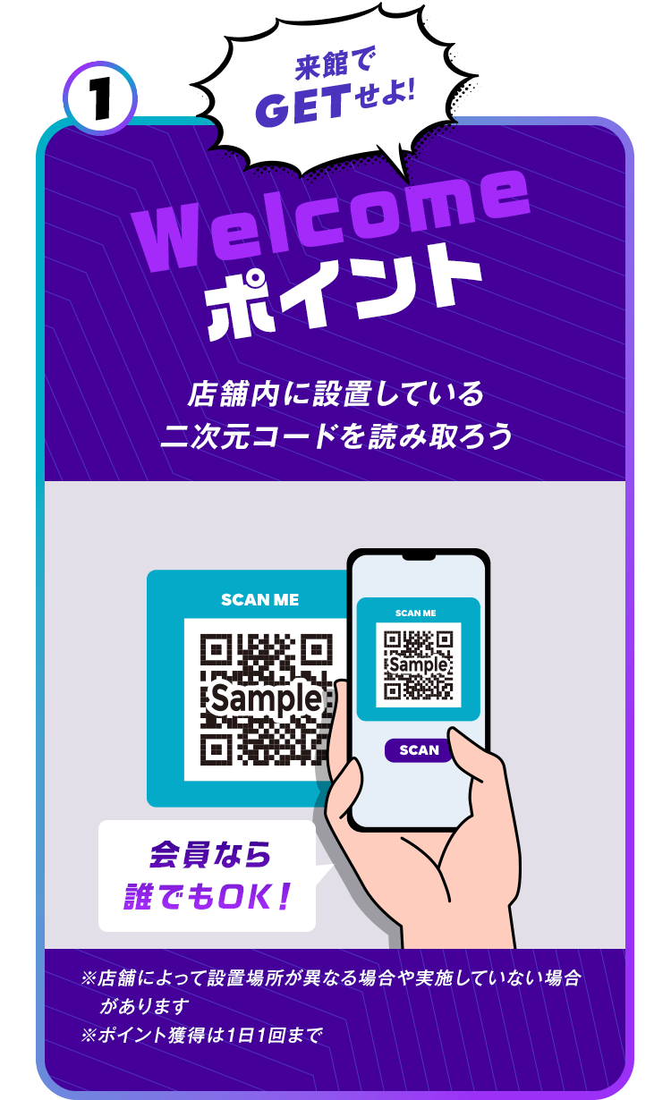 1 来館でGETせよ!Welcomeポイント　店舗内に設置している二次元コードを読み取ろう　会員なら誰でもOK！　※店舗によって設置場所が異なる場合や実施していない場合があります※ポイント獲得は1日1回まで