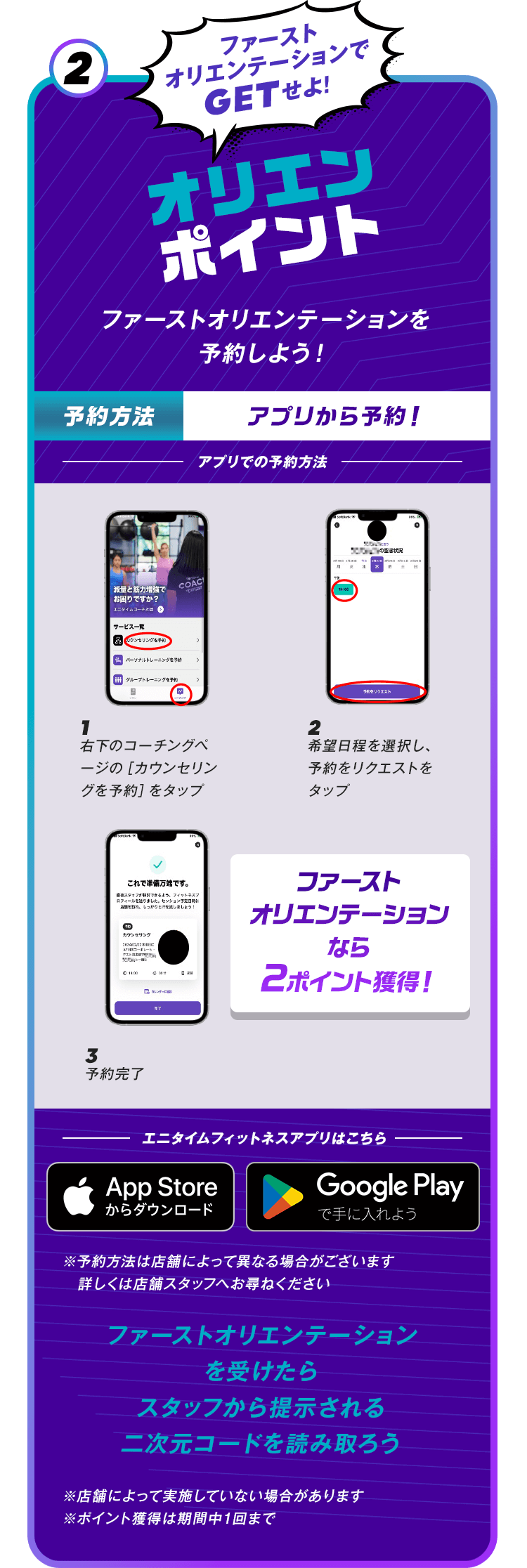 2 ファーストオリエンテーションでGETせよ!オリエンポイント　ファーストオリエンテーションを予約しよう！　※予約方法は店舗によって異なる場合がございます 詳しくは店舗スタッフへお尋ねください　ファーストオリエンテーションを受けたらスタッフから提示される二次元コードを読み取ろう　※店舗によって実施していない場合があります※ポイント獲得は1日1回まで