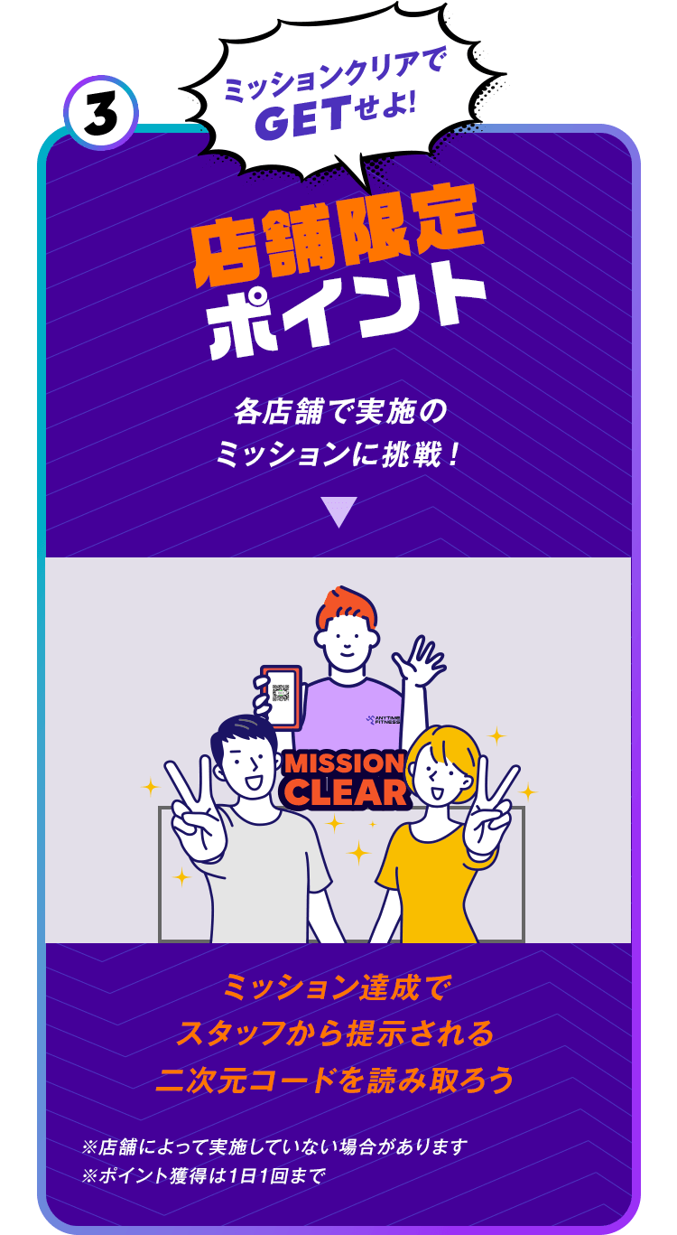 3 ミッションクリアでGETせよ!店舗限定ポイント　各店舗で実施のミッションに挑戦！　ミッション達成でスタッフから提示される二次元コードを読み取ろう　※店舗によって実施していない場合があります※ポイント獲得は1日1回まで