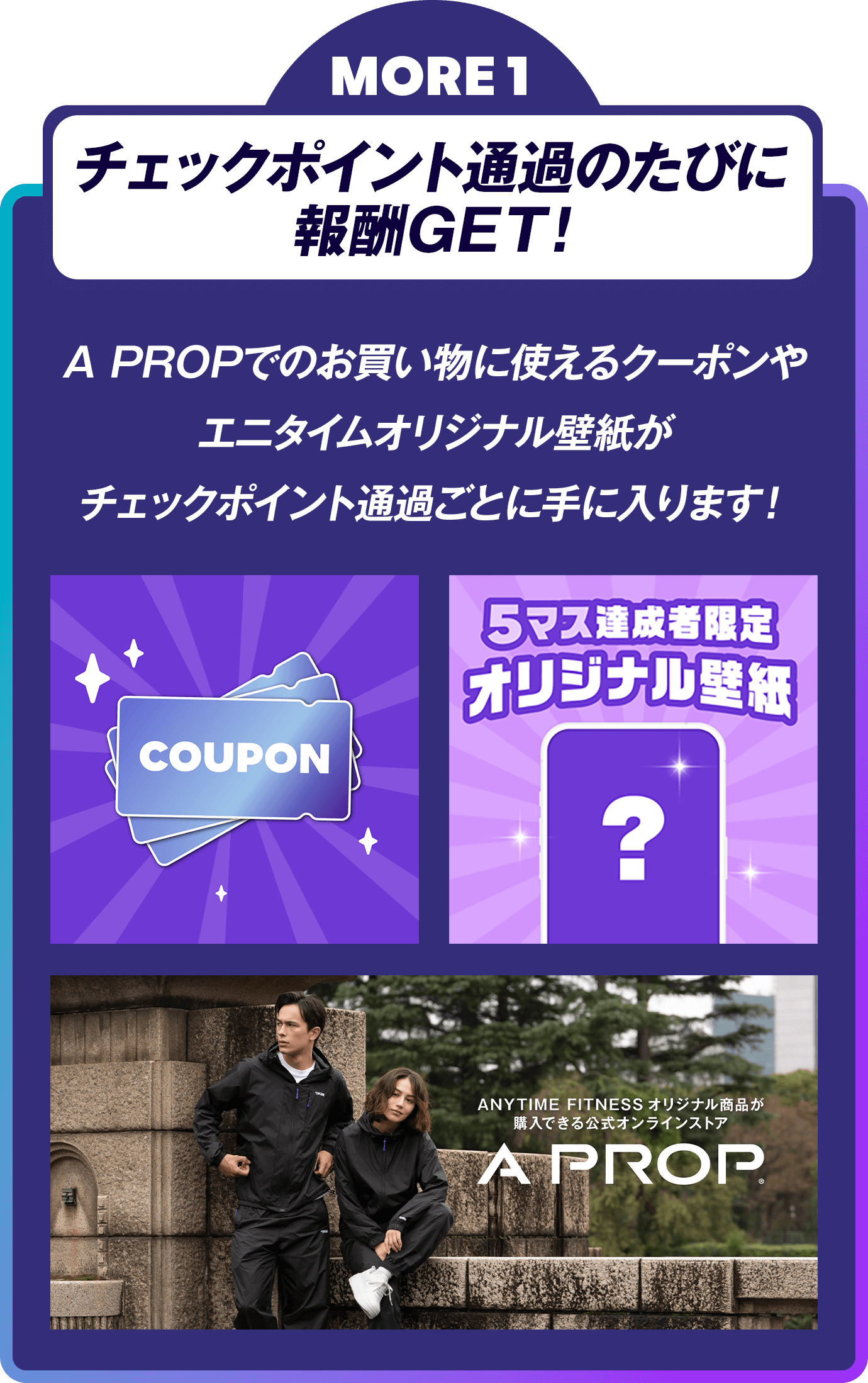 MORE 1 チェックポイント通過のたびに報酬GET! A PROPでのお買い物に使えるクーポンやエニタイムオリジナル壁紙がチェックポイント通過ごとに手に入ります！