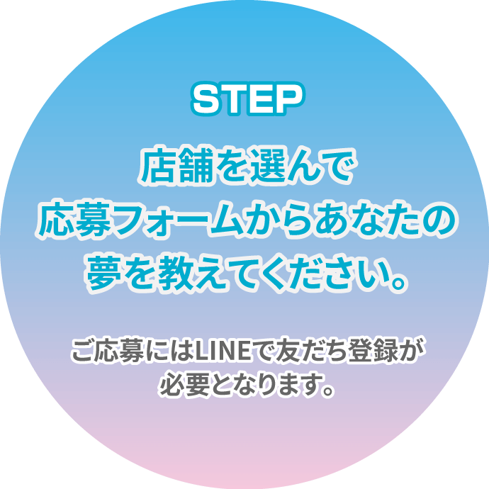 STEP 店舗を選んで応募フォームからあなたの夢を教えてください。ご応募にはLINEで友だち登録が必要となります。